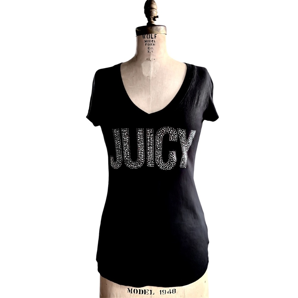 Juicy Couture Jeweled Black V Neck Tee, Sz Medium
